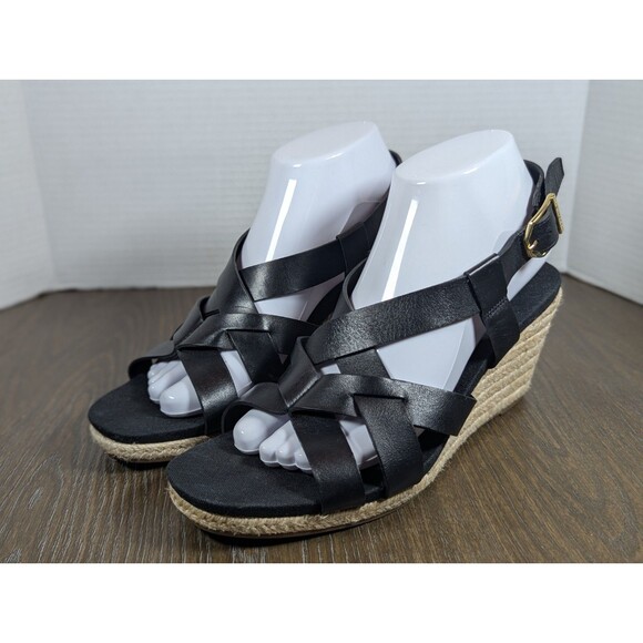 Cole Haan Crystal Strappy Leather Wedges Sandals Womens 8.5 Black Jute Heel Logo - Picture 1 of 15